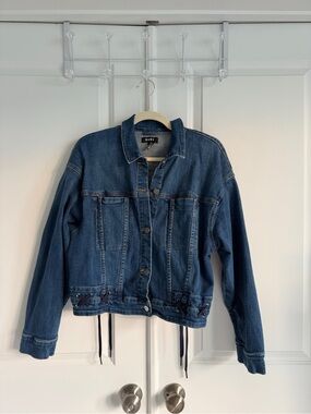 DKNY Dark Blue Denim Jean Jacket with Lace-Up Hem